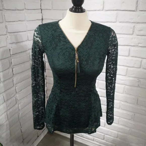 Suzy Shier Ladies Size XS Dark Green Long Sleeves Fitted at Waist Lace Blouse - Picture 1 of 10